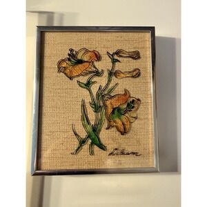 1970s MCM Faux Stained Glass Lily Artwork • Burlap Burlap Back Nielsen Metal Fra